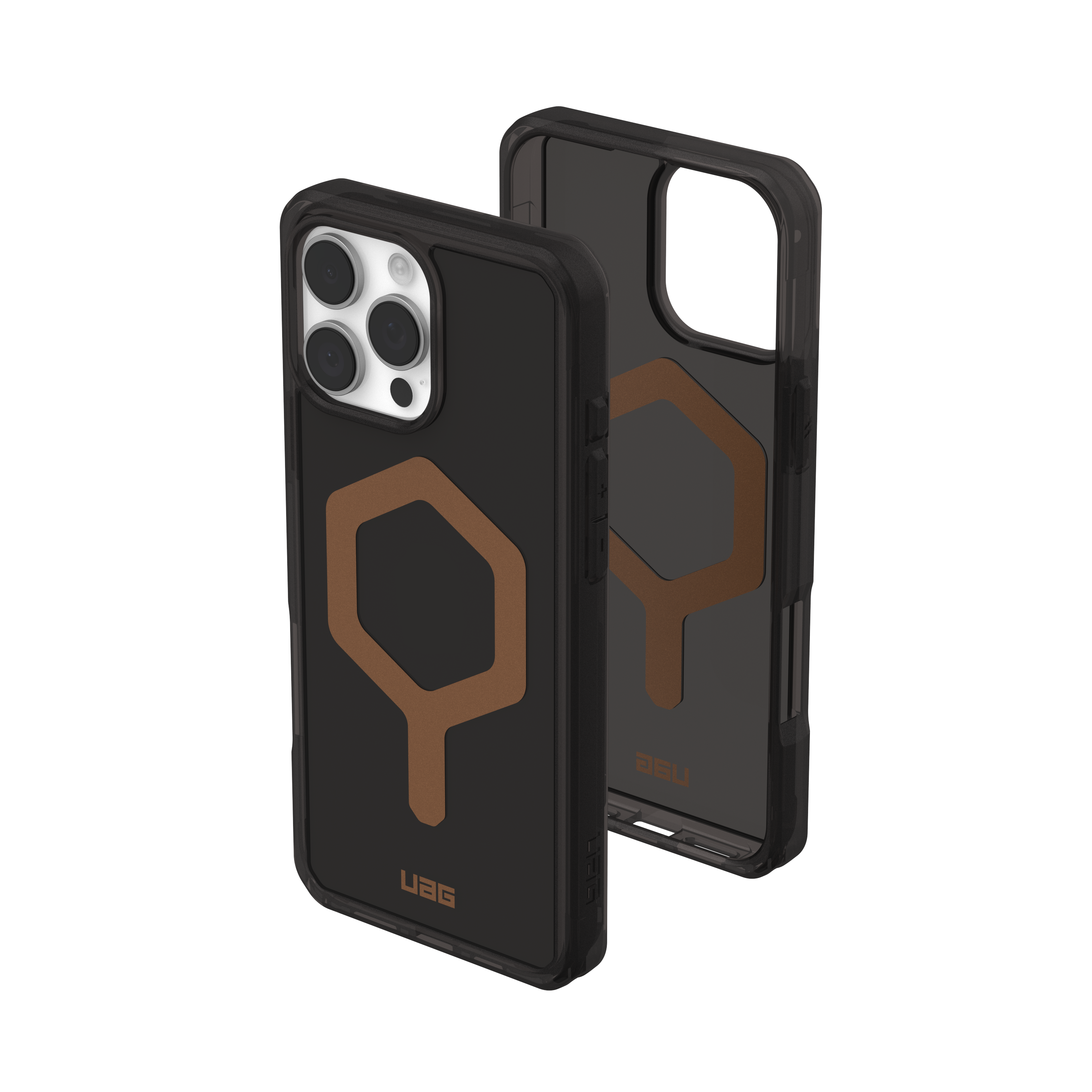 Custodia per telefono nera con design geometrico marrone. L'interno è marrone e ha il logo UAG.