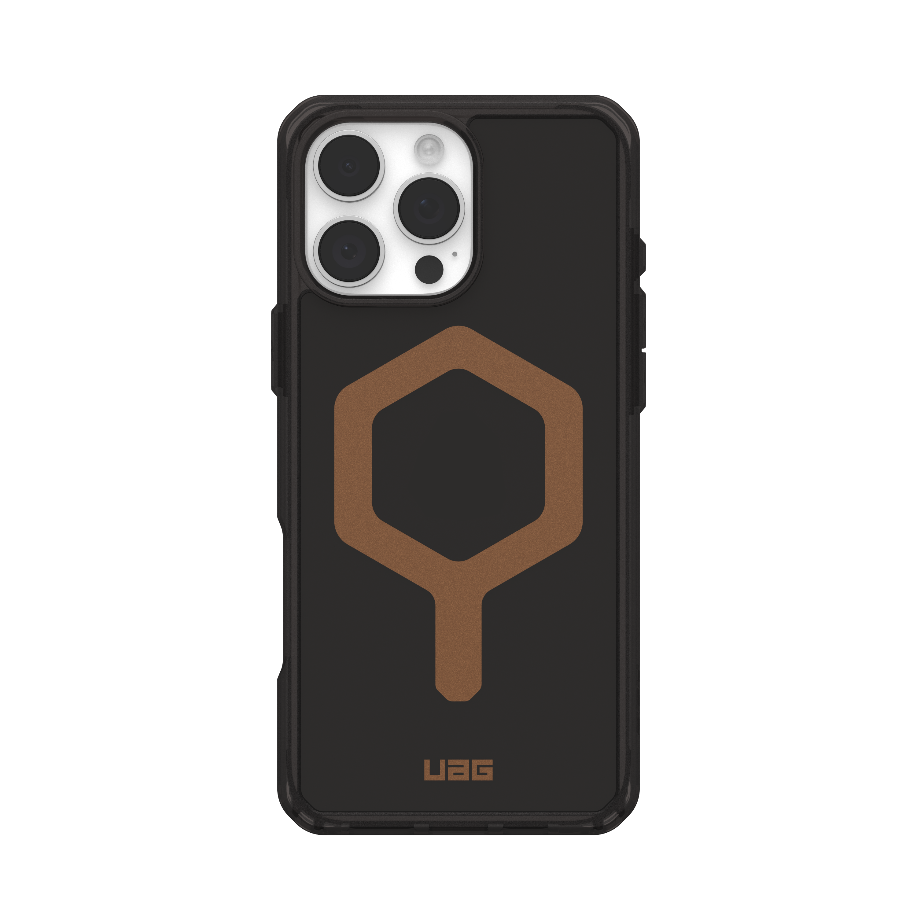 Una custodia per telefono nera con una forma esagonale marrone e il logo UAG su sfondo nero.