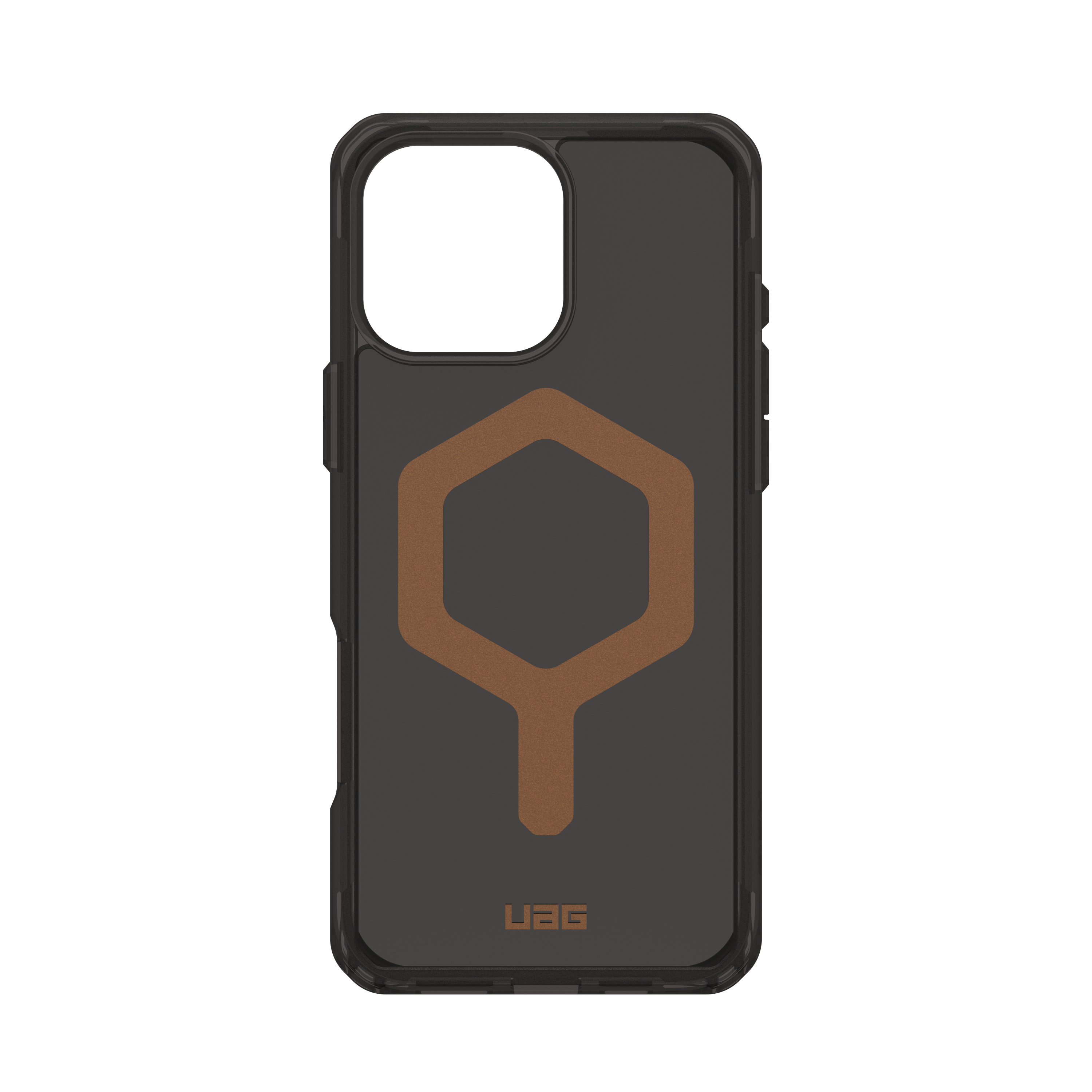Custodia per telefono nera con design esagonale marrone. Il logo UAG è in basso.