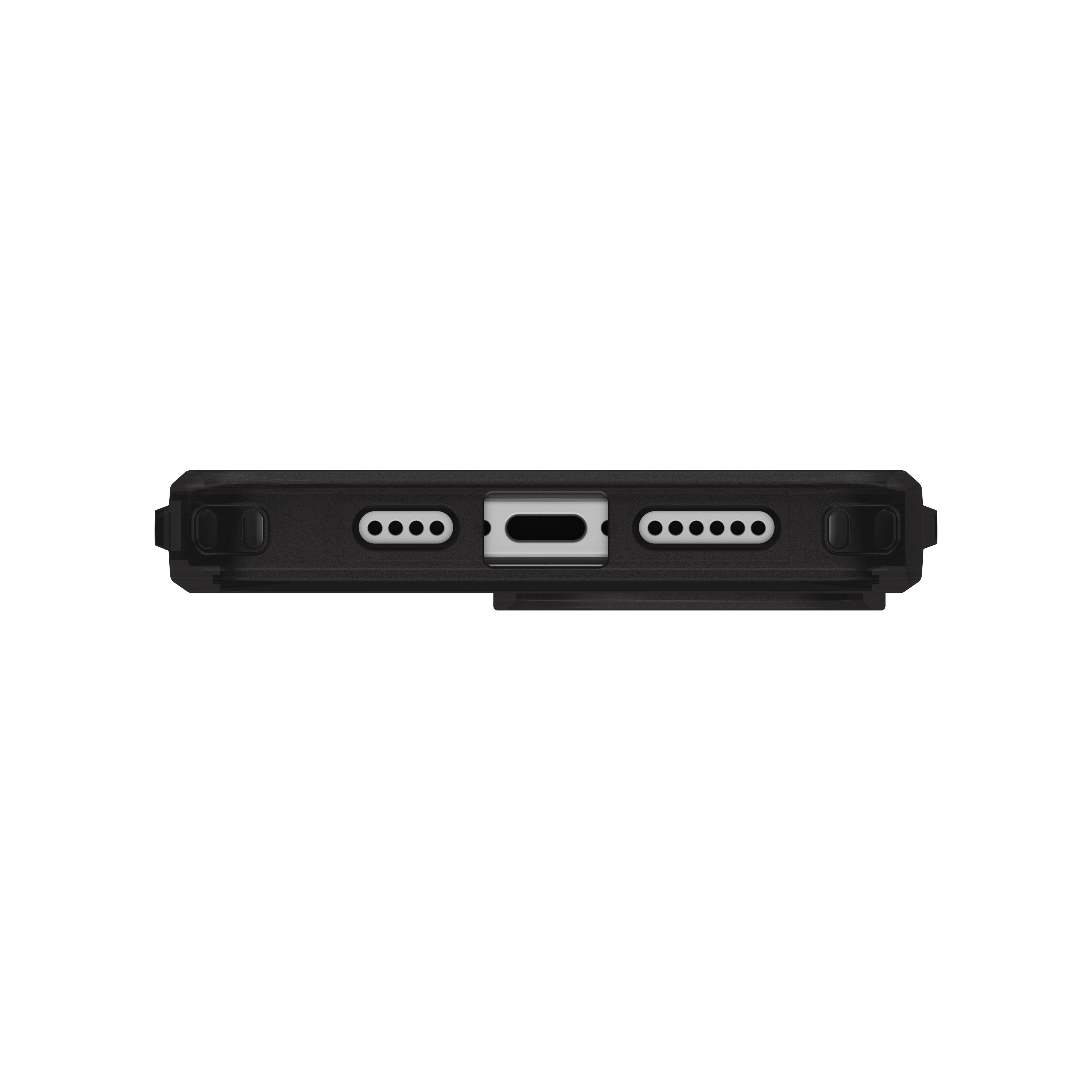 Vista inferiore di un dispositivo nero con porte. Porta USB-C visibile.