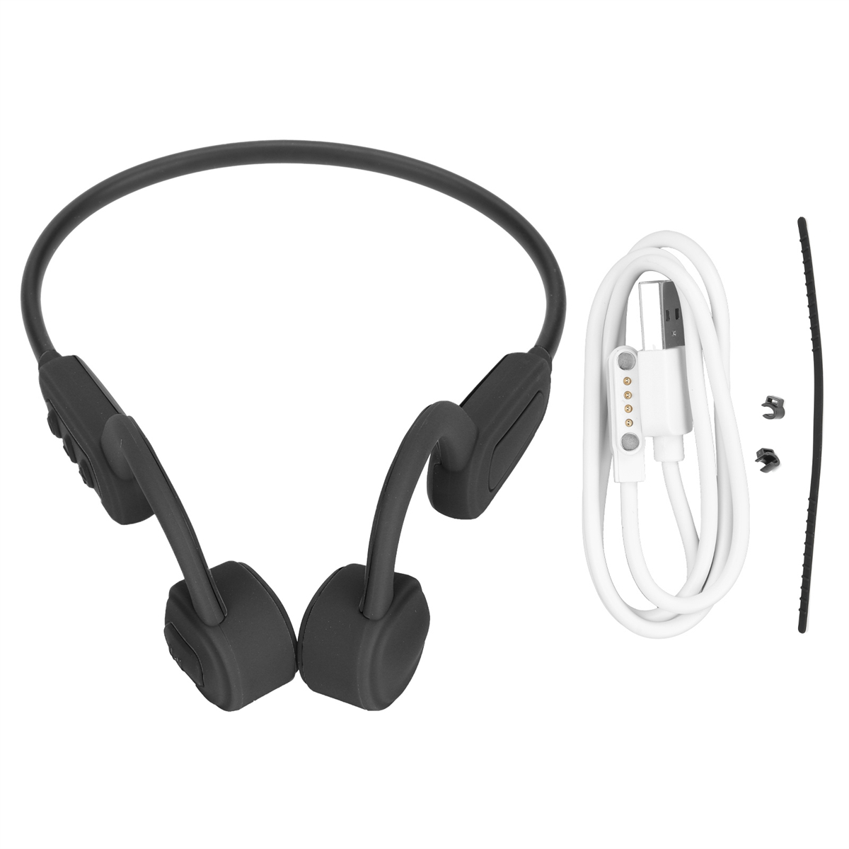 Schwarze Knochenschallkopfhörer, weißes Ladekabel und kleines Zubehör. Weißer Hintergrund.