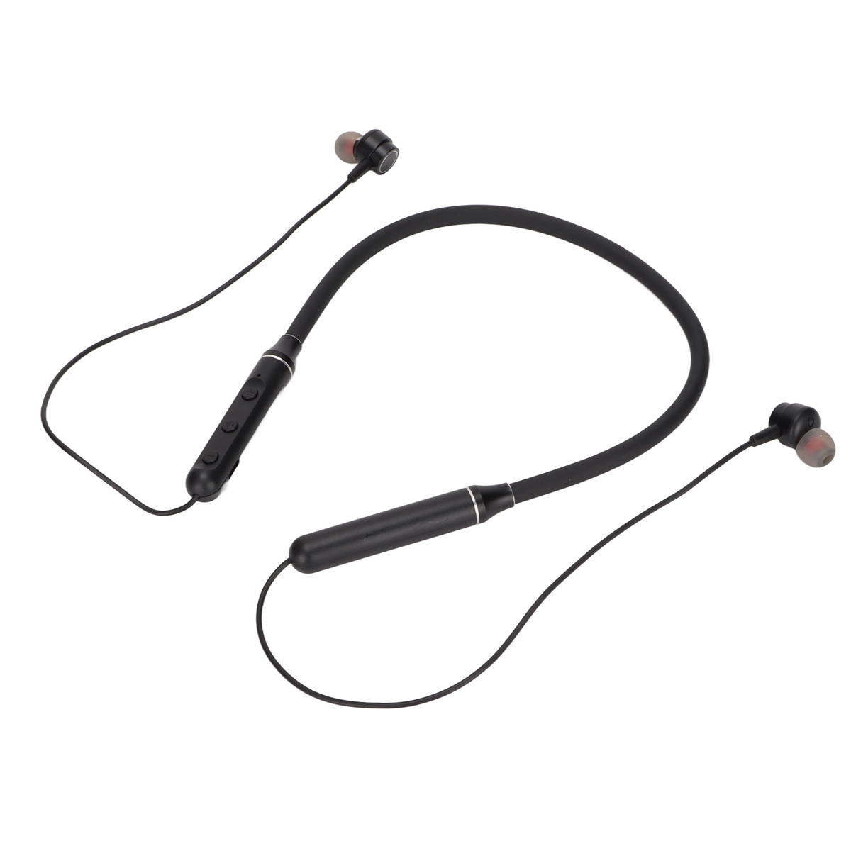 Schwarze Bluetooth-Nackenband-Kopfhörer mit roten Ohrhörern und Steuertasten.