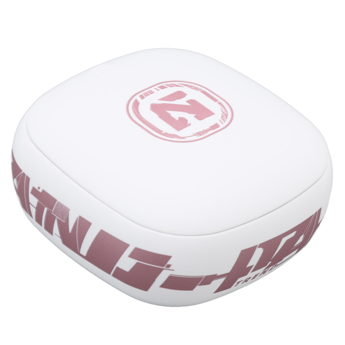 Weißer quadratischer Behälter mit rosa Text und Logo an der Seite und oben.