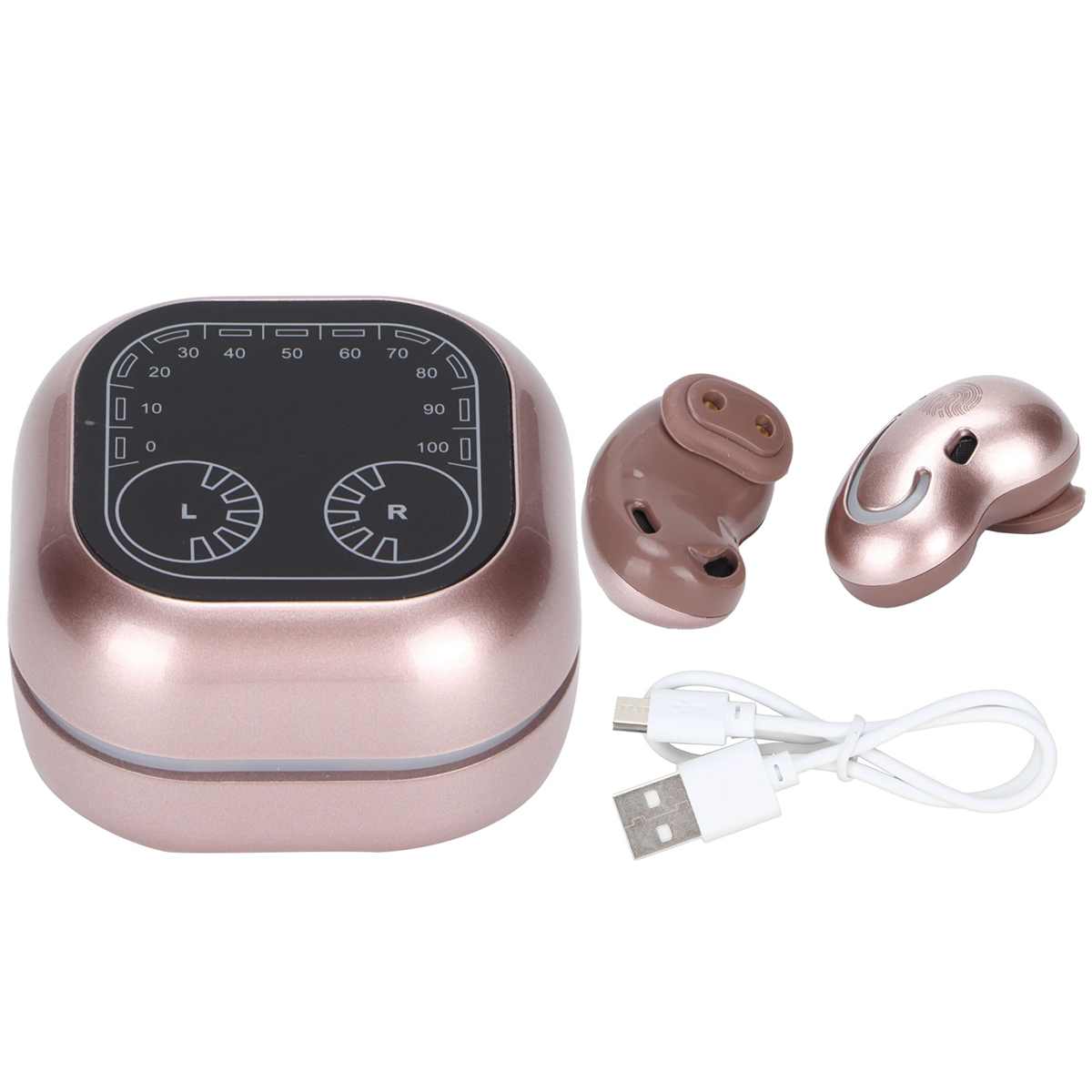 Hörgeräte-Set mit Ladestation, zwei Ohrstücken und einem USB-Kabel.