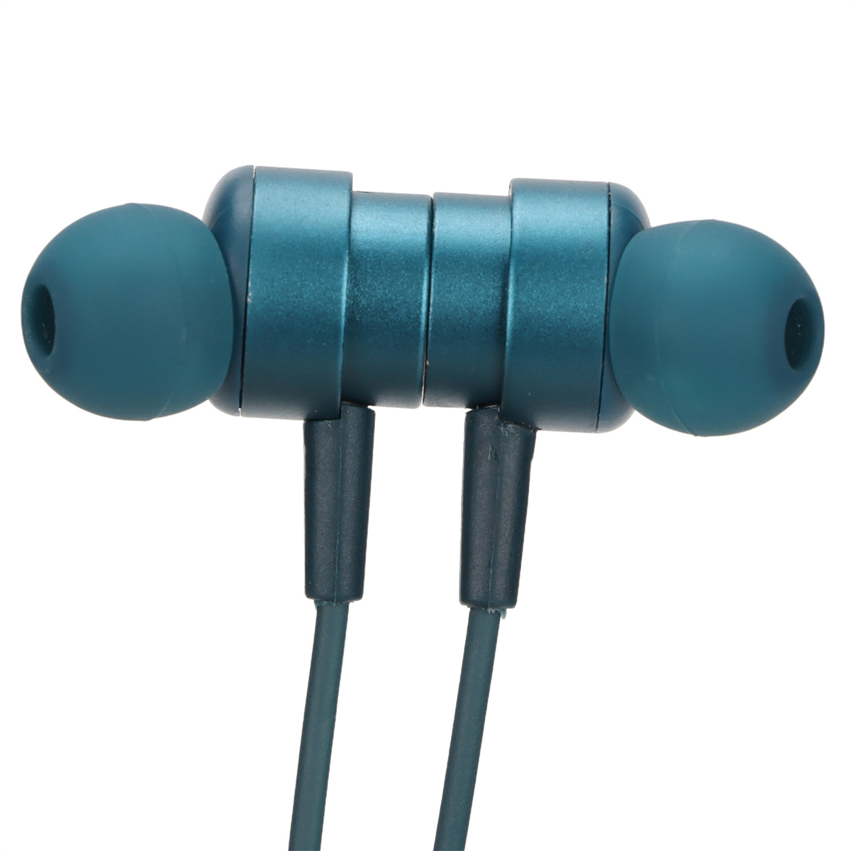 Blaue Ohrhörer mit Verbindungskabel. Das Kabel ist dunkelblau und hat eine Fernbedienung.