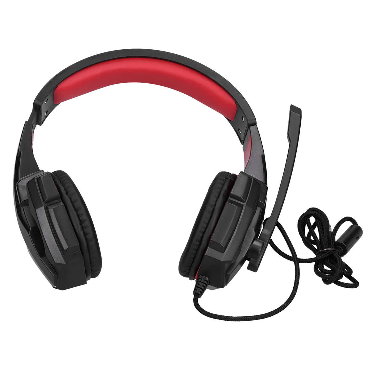 Schwarzes und rotes Gaming-Headset. Es hat Ohrmuscheln, ein Kopfband und ein Mikrofon.