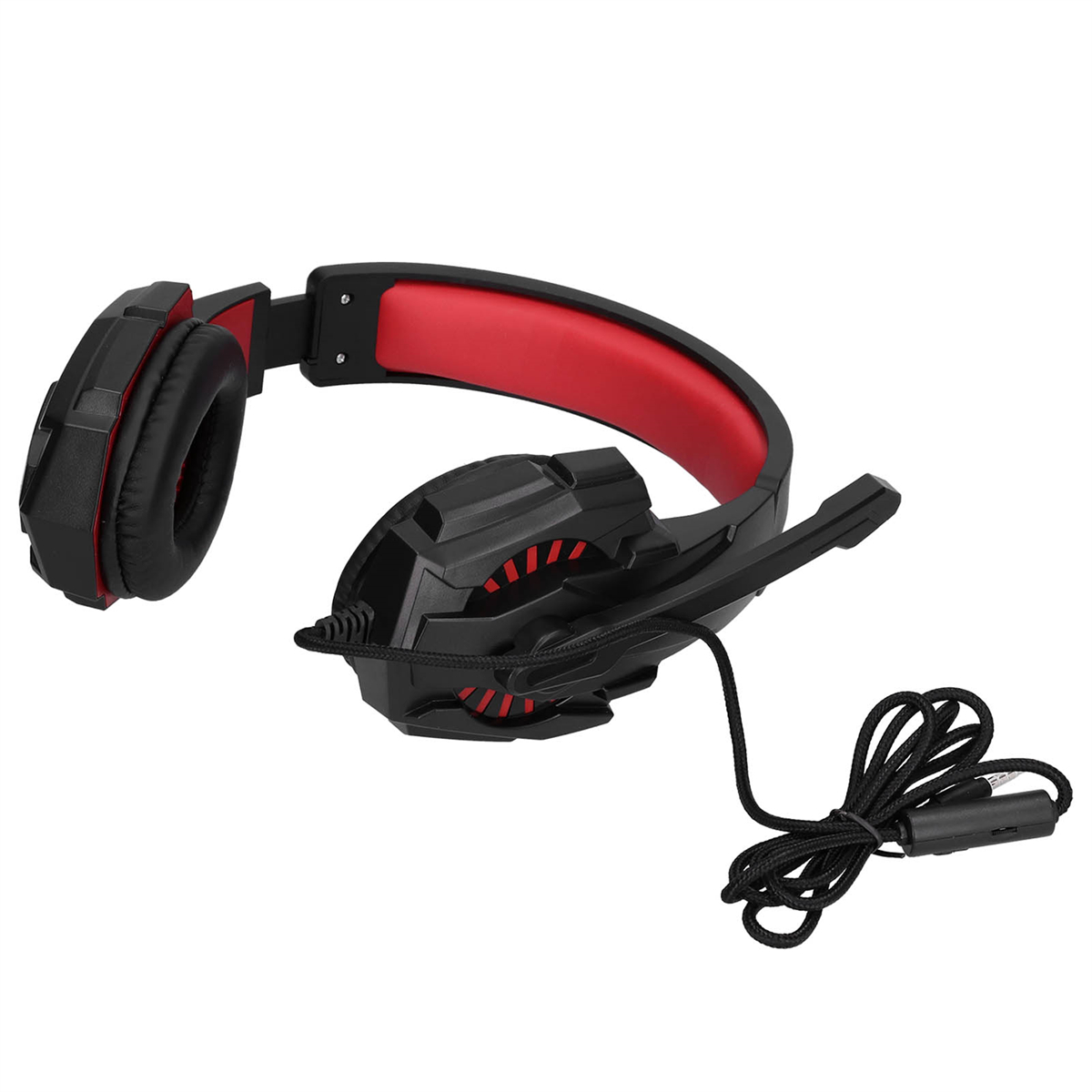 Schwarz-rotes Gaming-Headset mit Mikrofon und Kabel.