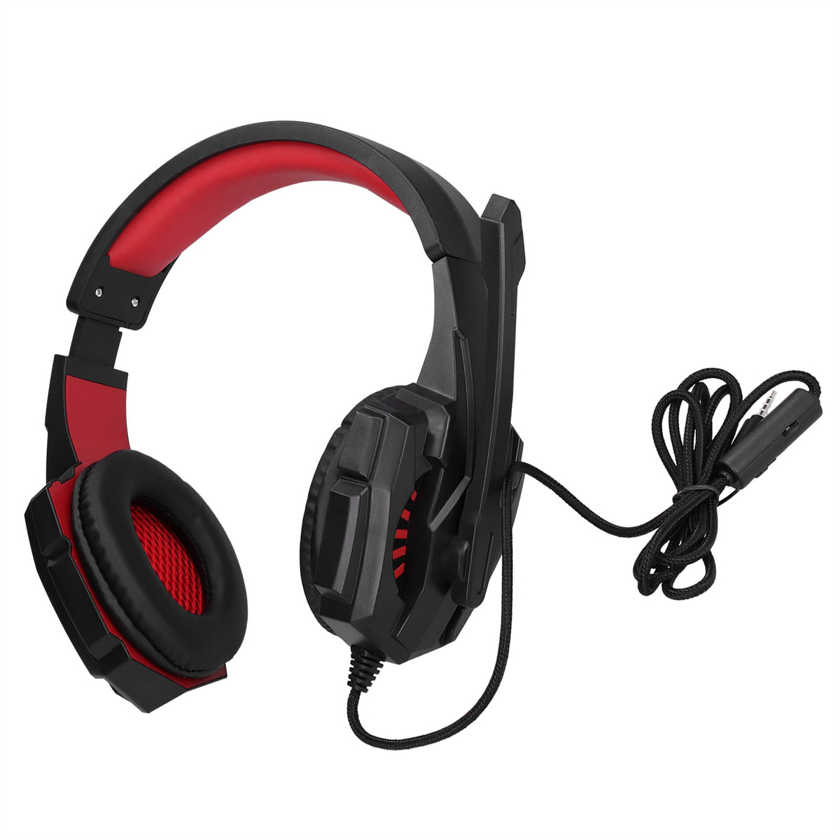 Schwarzes und rotes Gaming-Headset mit Mikrofon. Die Ohrmuscheln sind innen rot.
