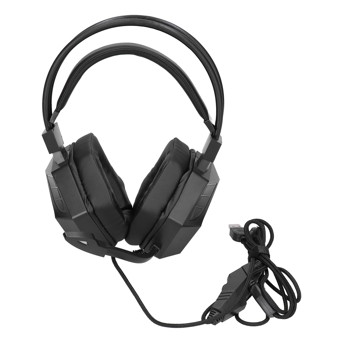 Schwarze Kopfhörer mit Over-the-Head-Design, einem Kabel und einem USB-Anschluss. Die Ohrmuscheln sind groß.