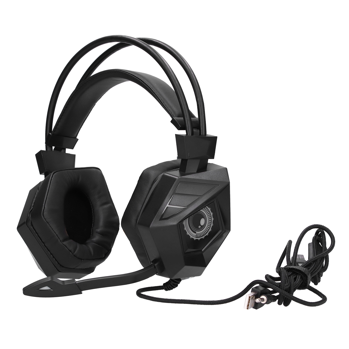 Schwarzes Gaming-Headset mit Mikrofon. Das Headset hat eine Lautstärkeregelung.
