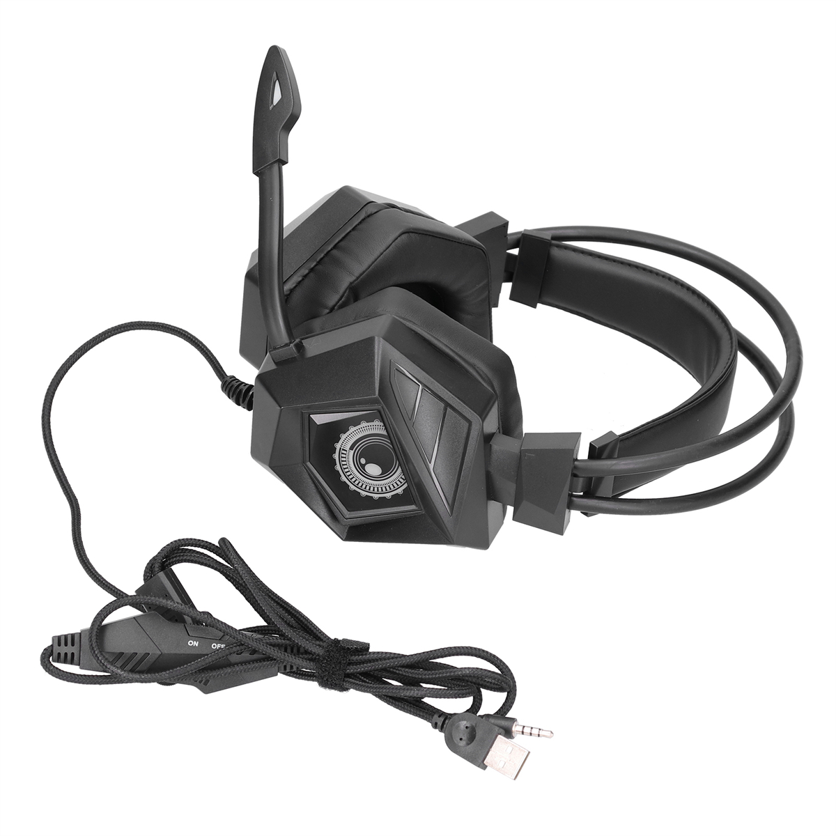 Schwarzes Gaming-Headset mit Mikrofon. Ein-Aus-Steuerung. USB-Anschluss.