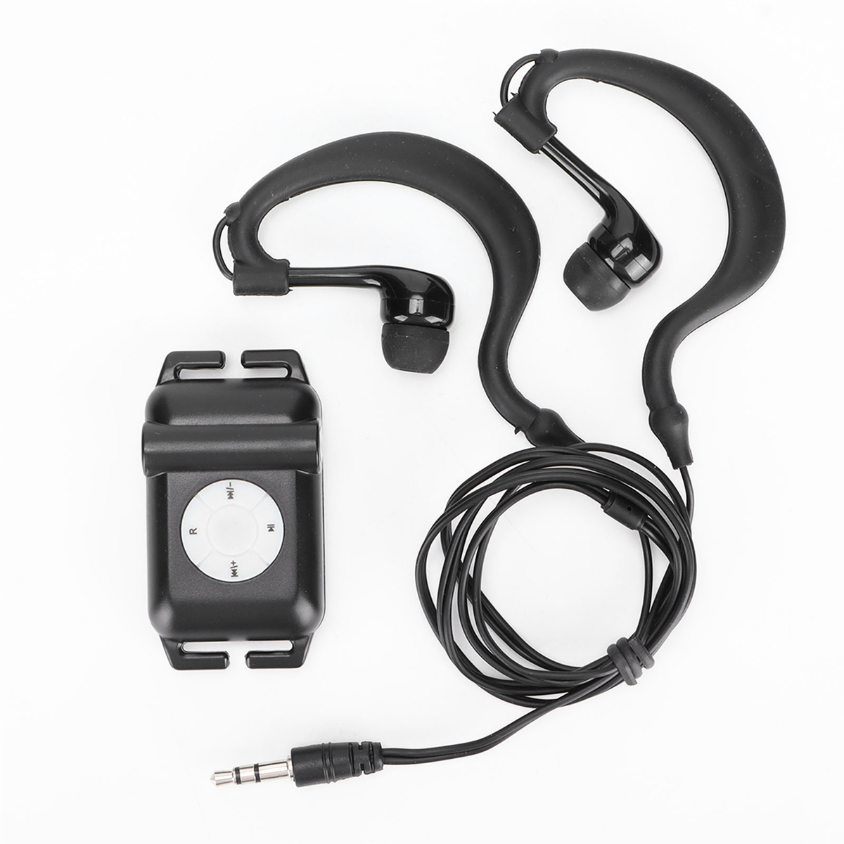 Schwarze Kopfhörer mit eingebautem MP3-Player. Zu den Merkmalen gehören ein Bedienfeld und eine 3,5-mm-Buchse.