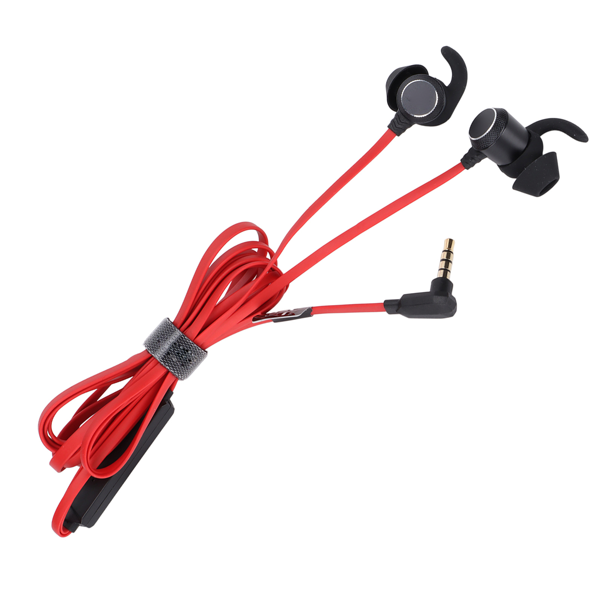 Rote In-Ear-Kopfhörer mit schwarzem Kabel. Weißer Hintergrund.