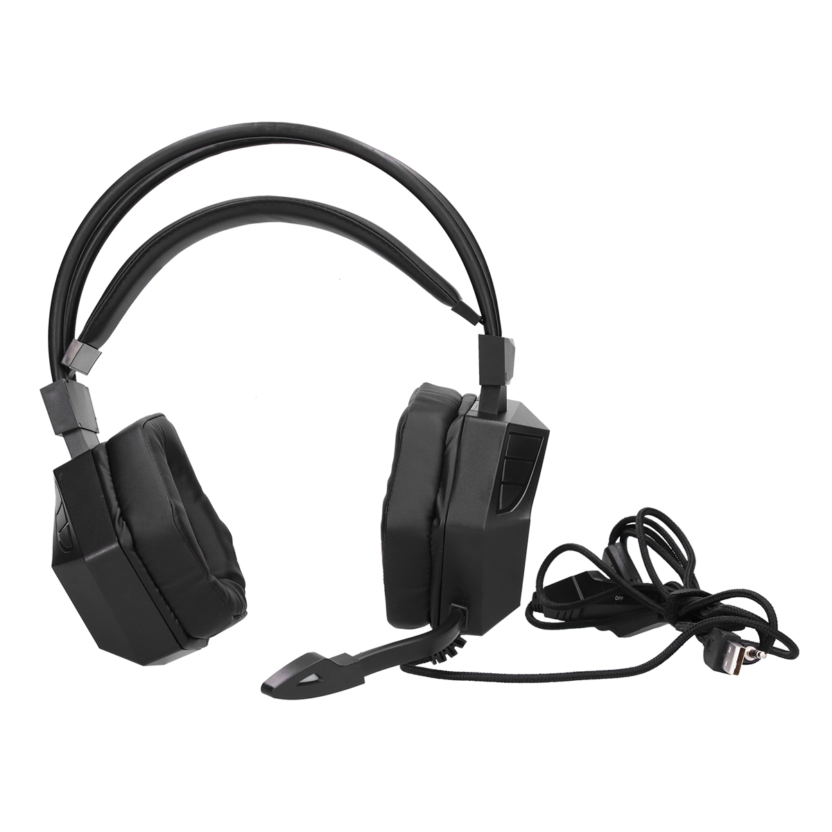 Schwarzes Gaming-Headset mit Mikrofon, zwei Ohrmuscheln und Verbindungsband, weißer Hintergrund.