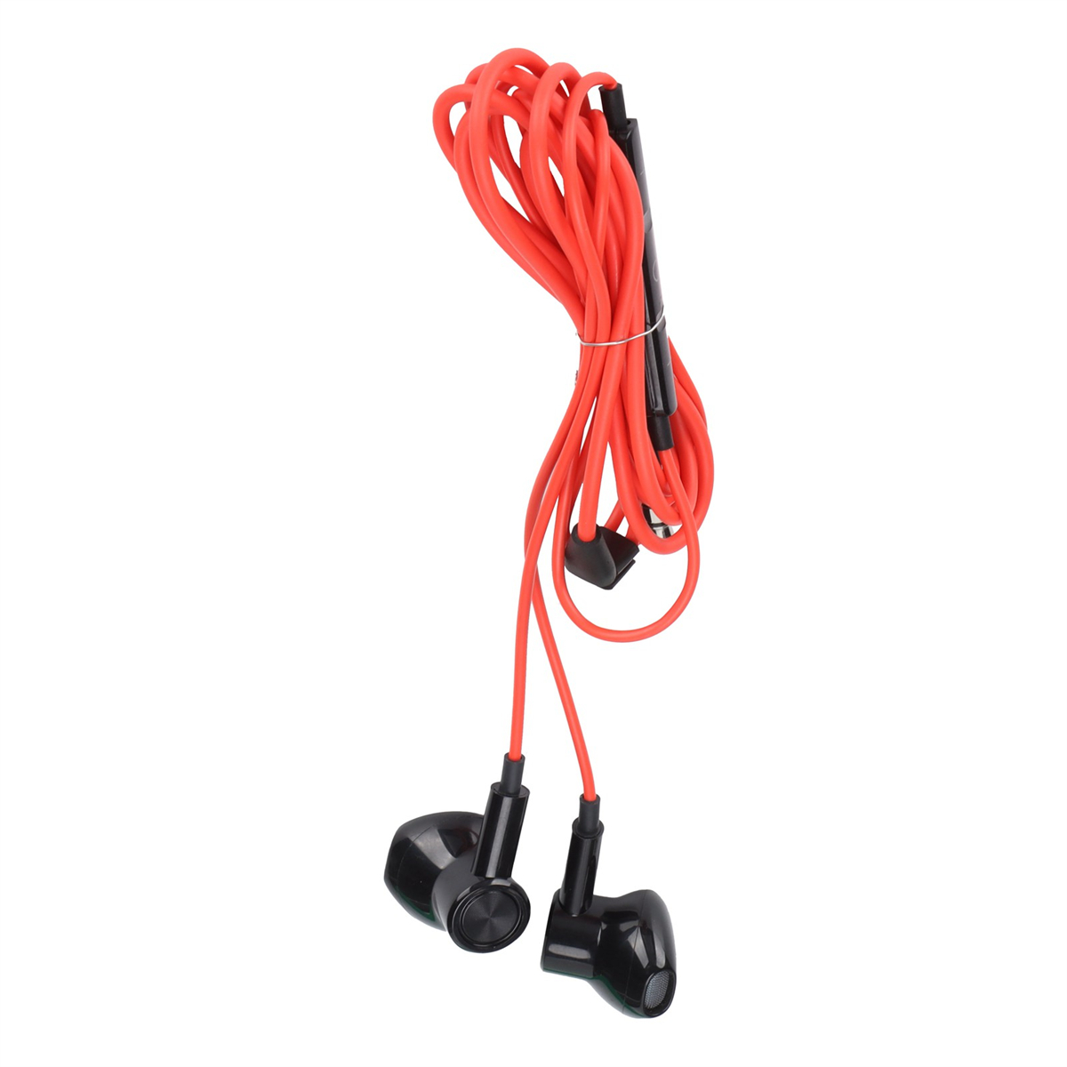 Rote Ohrhörer mit schwarzen Spitzen und einem roten Kabel, vor weißem Hintergrund.