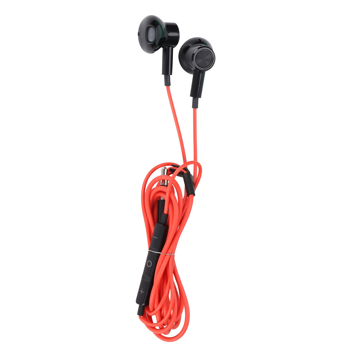 Rote und schwarze In-Ear-Kopfhörer mit rotem Kabel. Die Kopfhörer haben ein Mikrofon und Tasten.