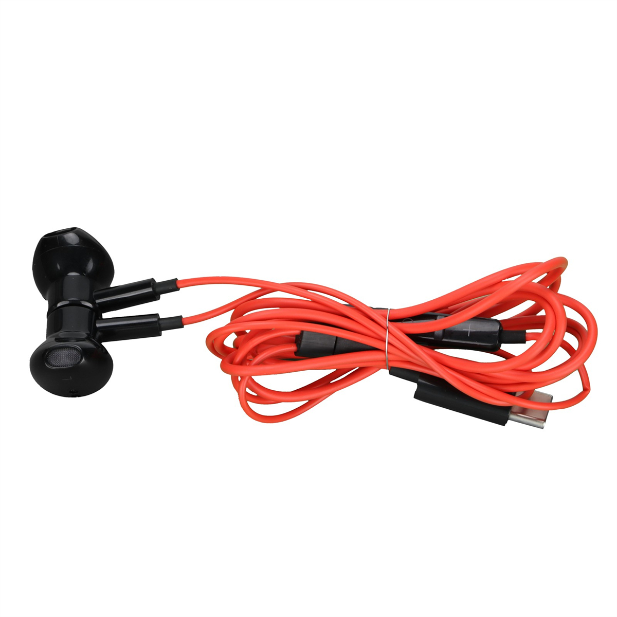 Schwarze Ohrhörer mit orangefarbenem Kabel und USB-Anschluss.