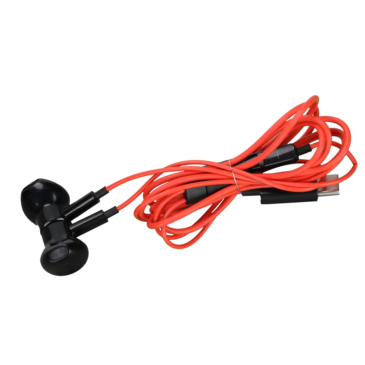 Schwarze Ohrhörer mit rotem Kabel. Weißer Hintergrund.