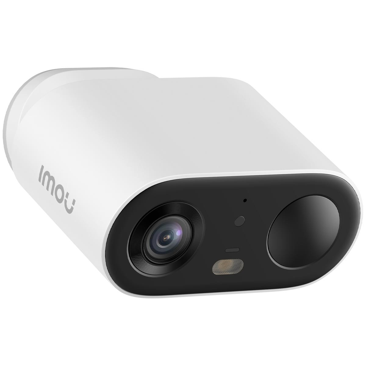 Biała kamera bezpieczeństwa z czarnym obiektywem na białym tle.