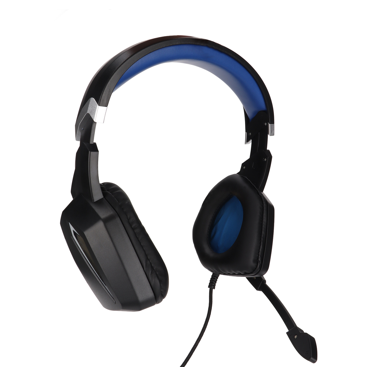 Schwarzes und blaues Gaming-Headset mit Mikrofon. Weißer Hintergrund.