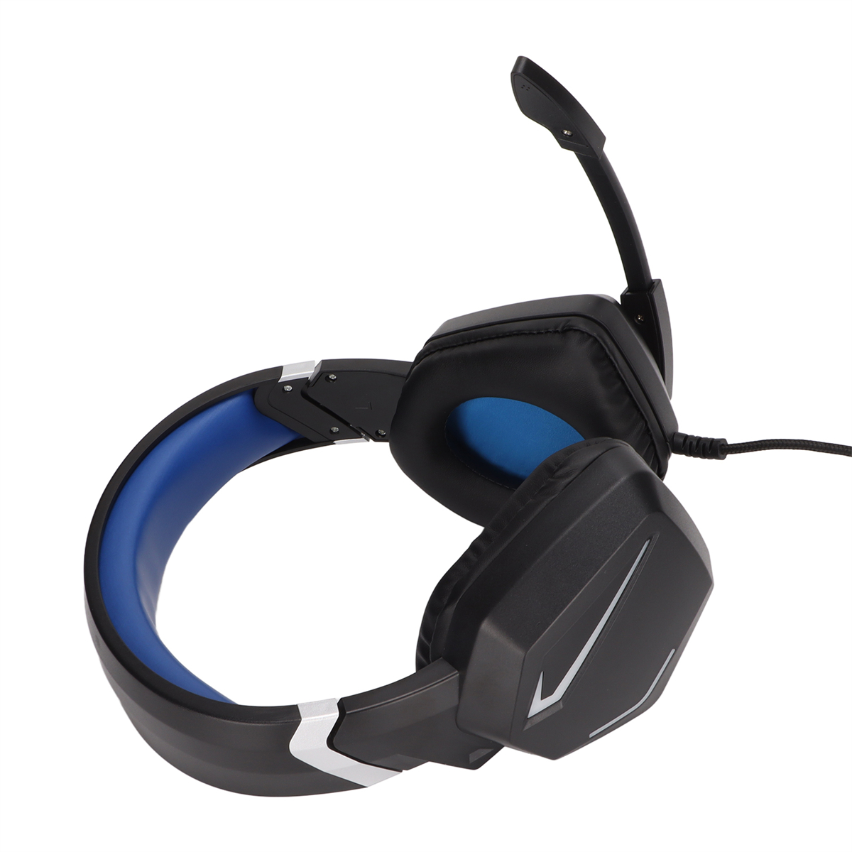 Schwarzes Gaming-Headset mit blauen Innenohrmuscheln. Das Headset hat ein Mikrofon und ein silbernes Detail.