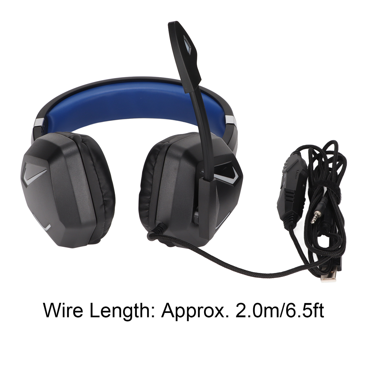 Schwarzes Gaming-Headset mit blauem Kopfband, Mikrofon und Kabel.