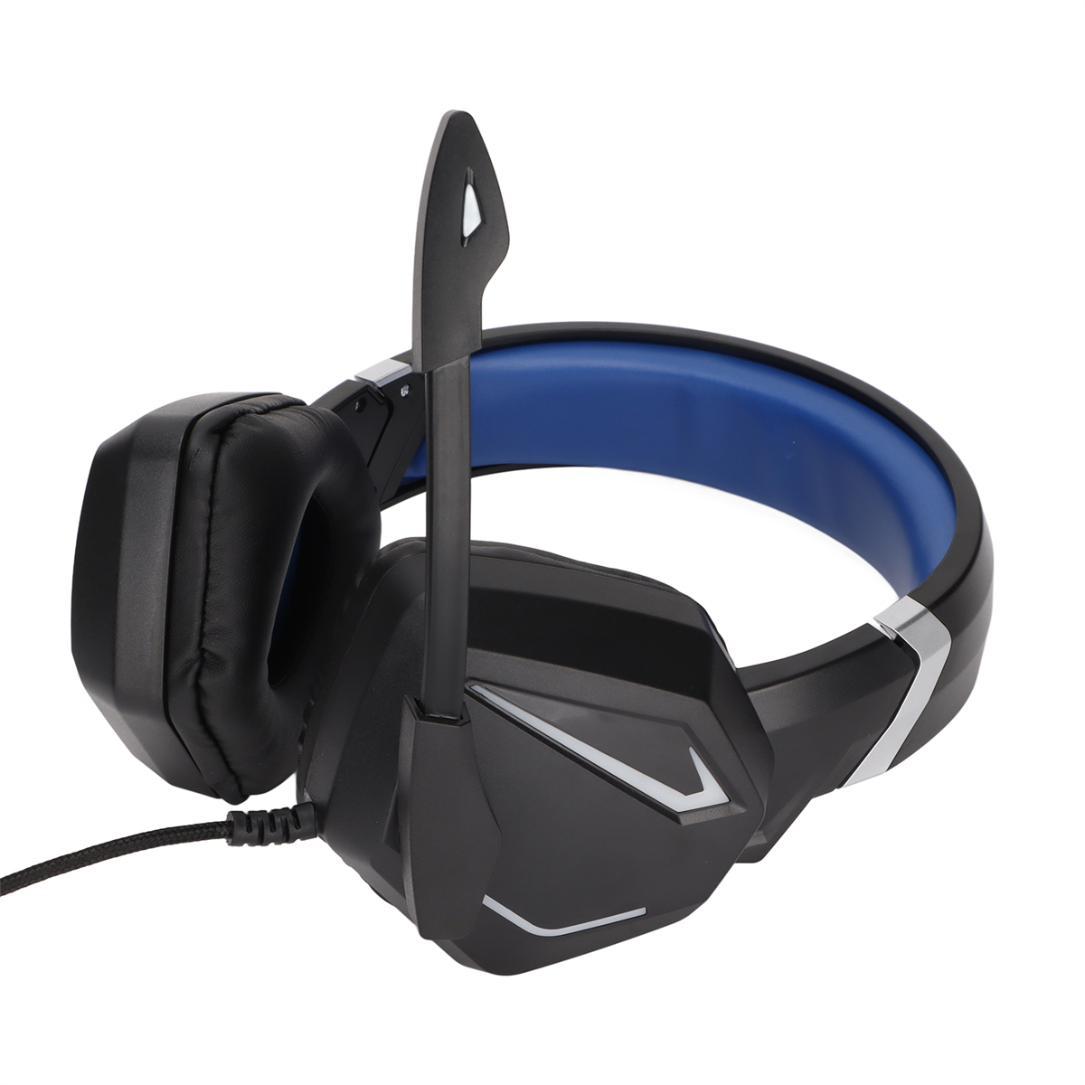 Schwarzes und blaues Gaming-Headset mit Mikrofon.