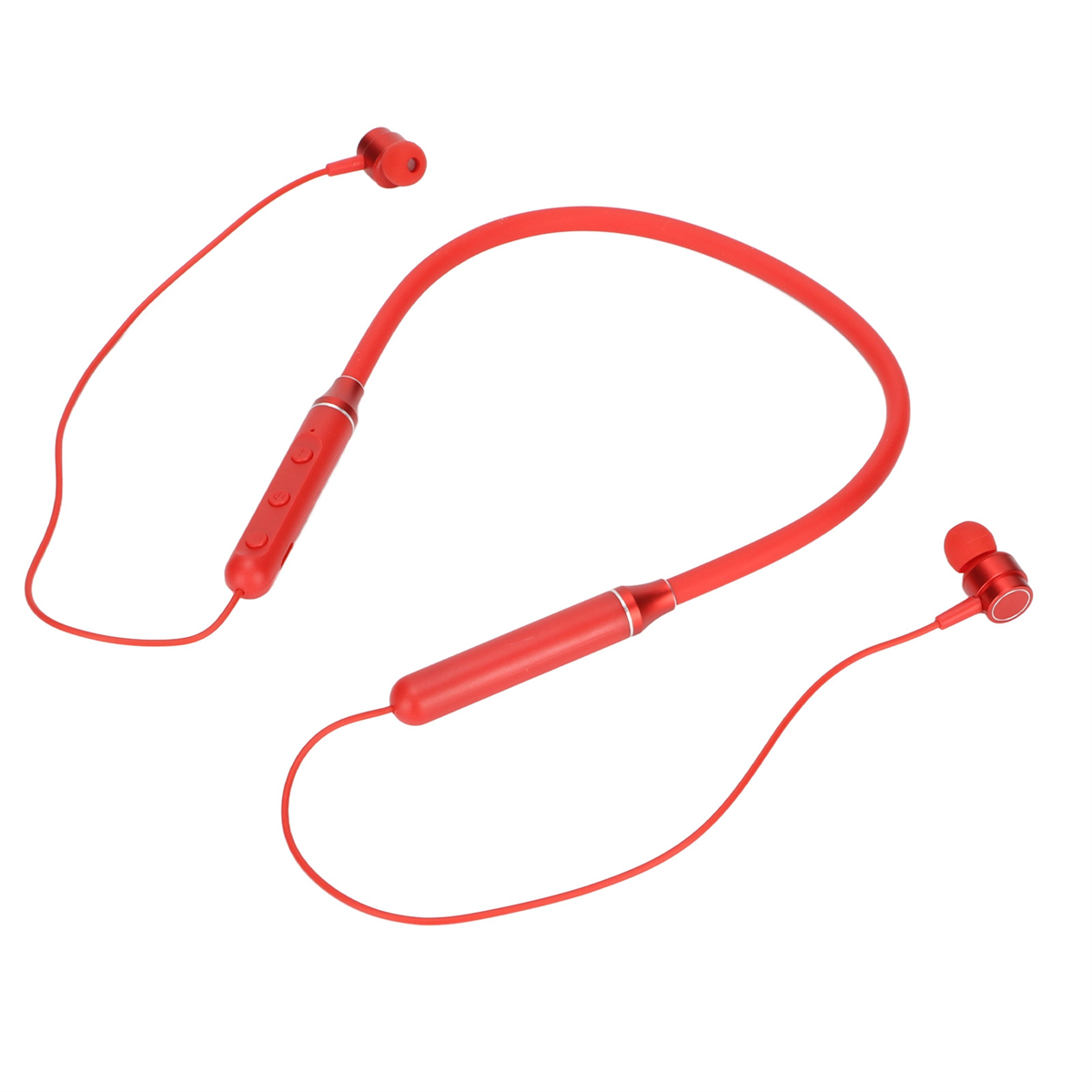 Rote Nackenband-Ohrhörer auf Weiß. Das Design umfasst Ohrhörer und Steuertasten.