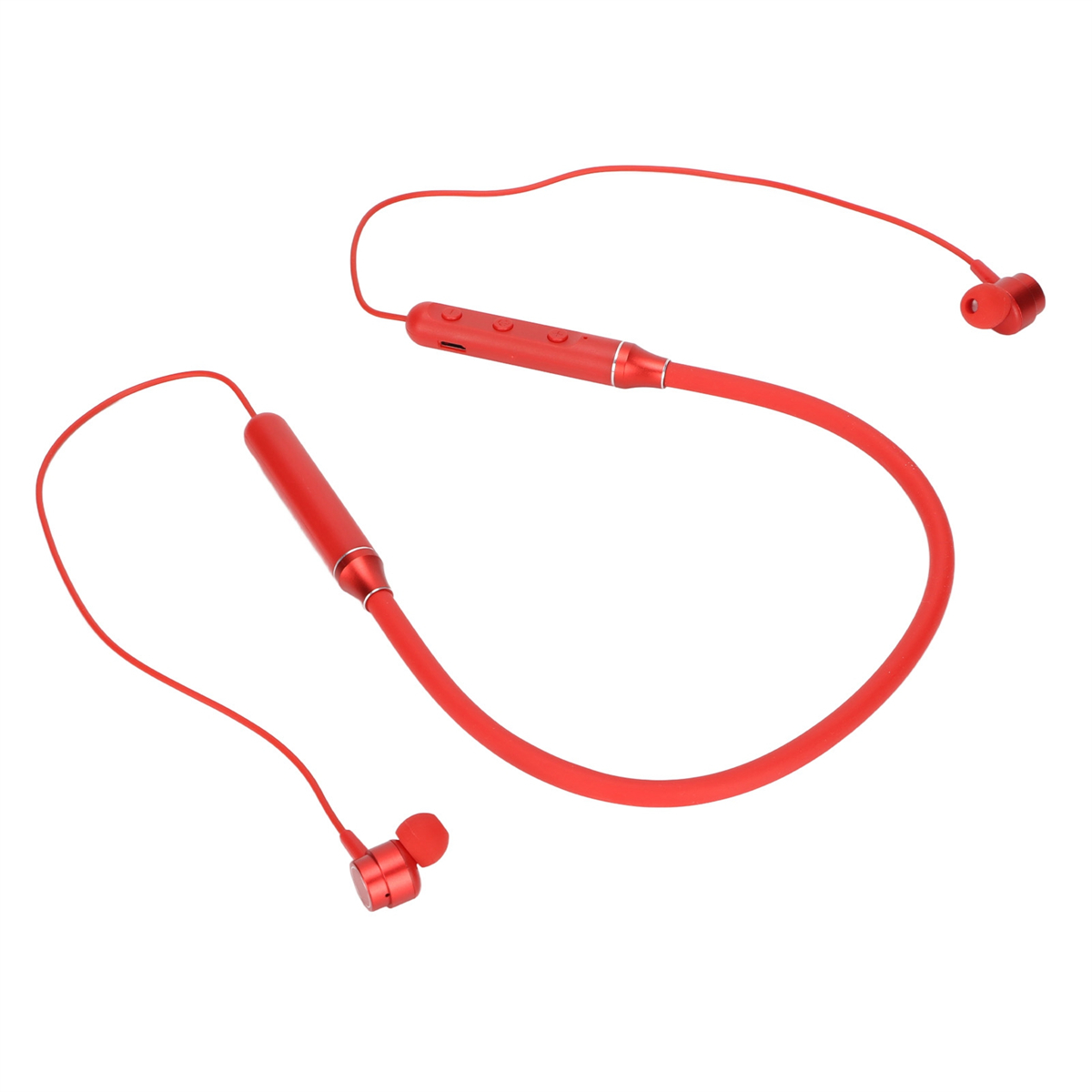 Rote In-Ear-Kopfhörer mit Nackenband und Bedienelementen.