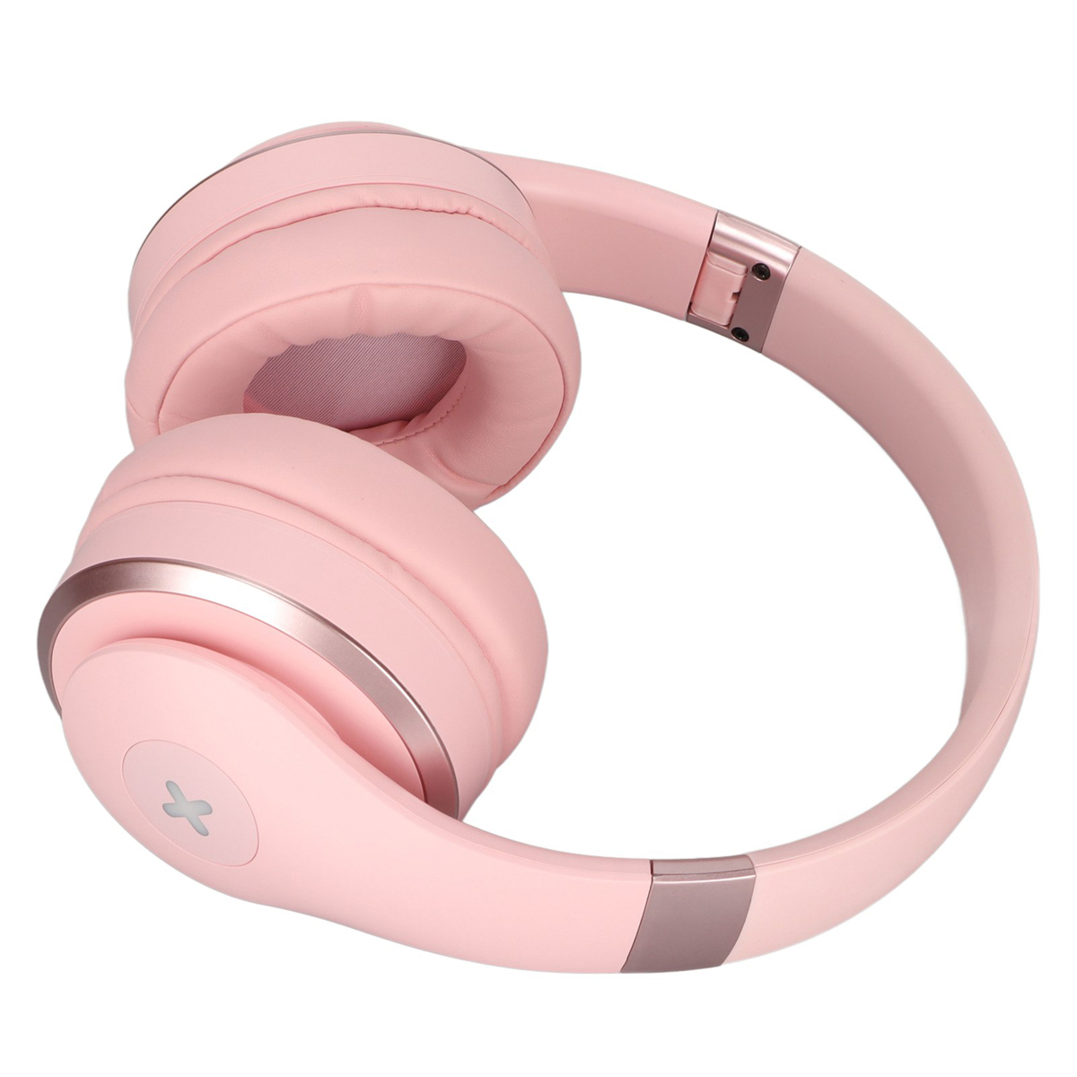 Rosa Over-Ear-Kopfhörer mit silbernem Band, Ohrmuscheln und einem Logo auf der Ohrmuschel.