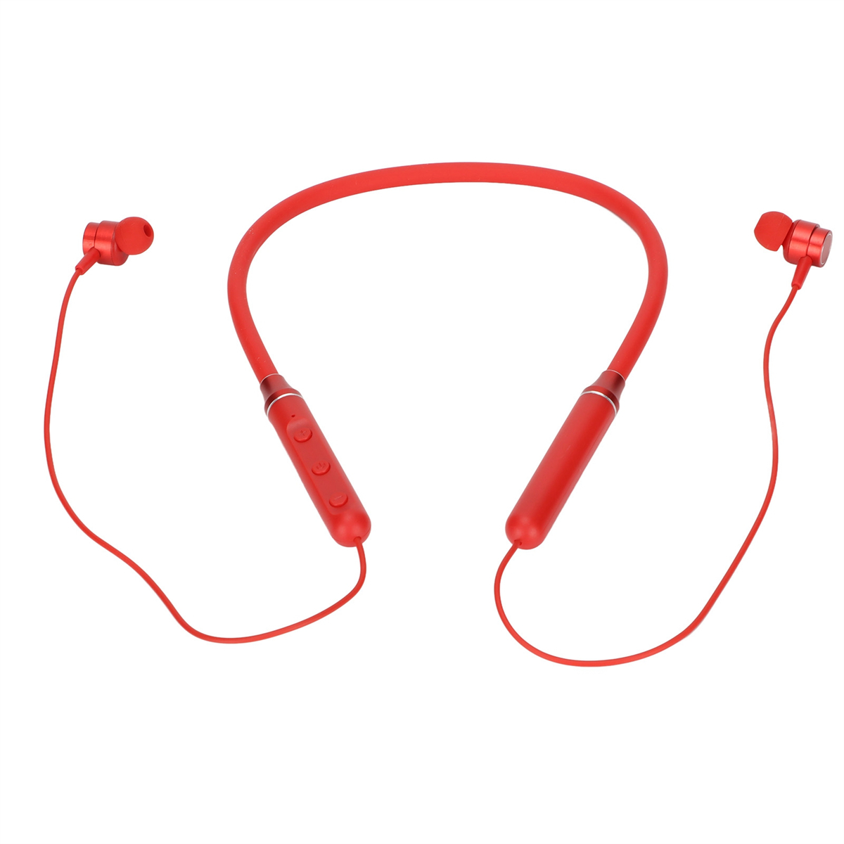 Rote Nackenbügel-Kopfhörer. Das Design umfasst Bedienelemente für Musik und Anrufe.