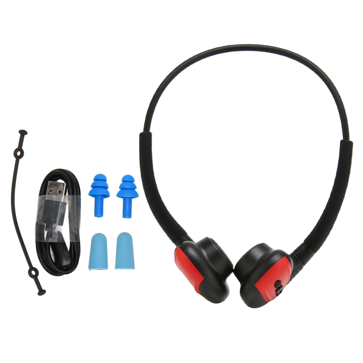 Kopfhörer mit roten und schwarzen Ohrmuscheln und Nackenband. Zubehör inkl. USB-Kabel.