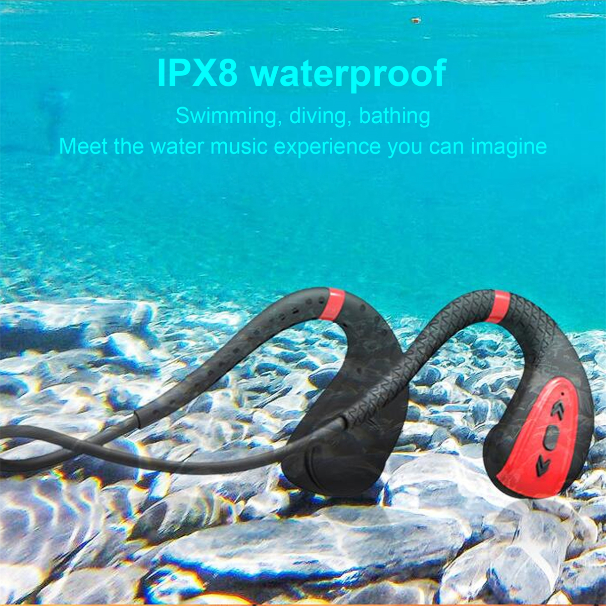 Schwarze und rote Unterwasser-Kopfhörer im Wasser. Text sagt IPX8 wasserdicht.