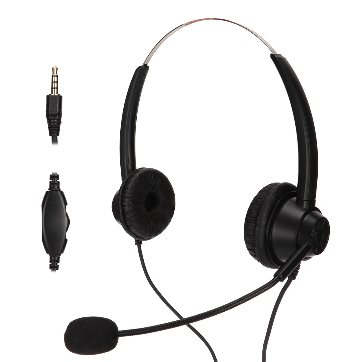 Schwarzes Headset mit Mikrofon und Audioanschluss.