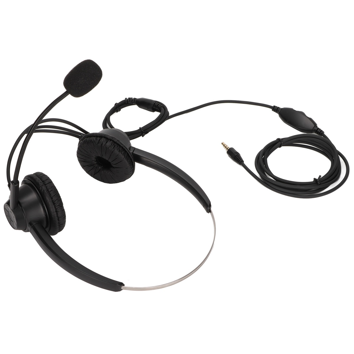 Schwarzes Headset mit Mikrofon. Ohrhörer links. Stirnband und Kabel erstrecken sich nach rechts.