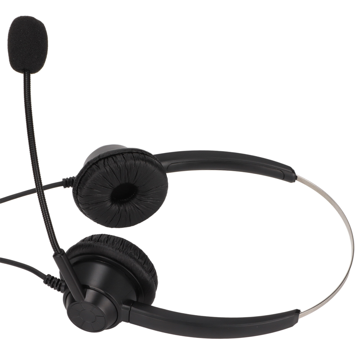 Schwarzes Headset mit Mikrofon. Das Headset hat einen gepolsterten Ohrmuschel und einen flexiblen Mikrofonarm.