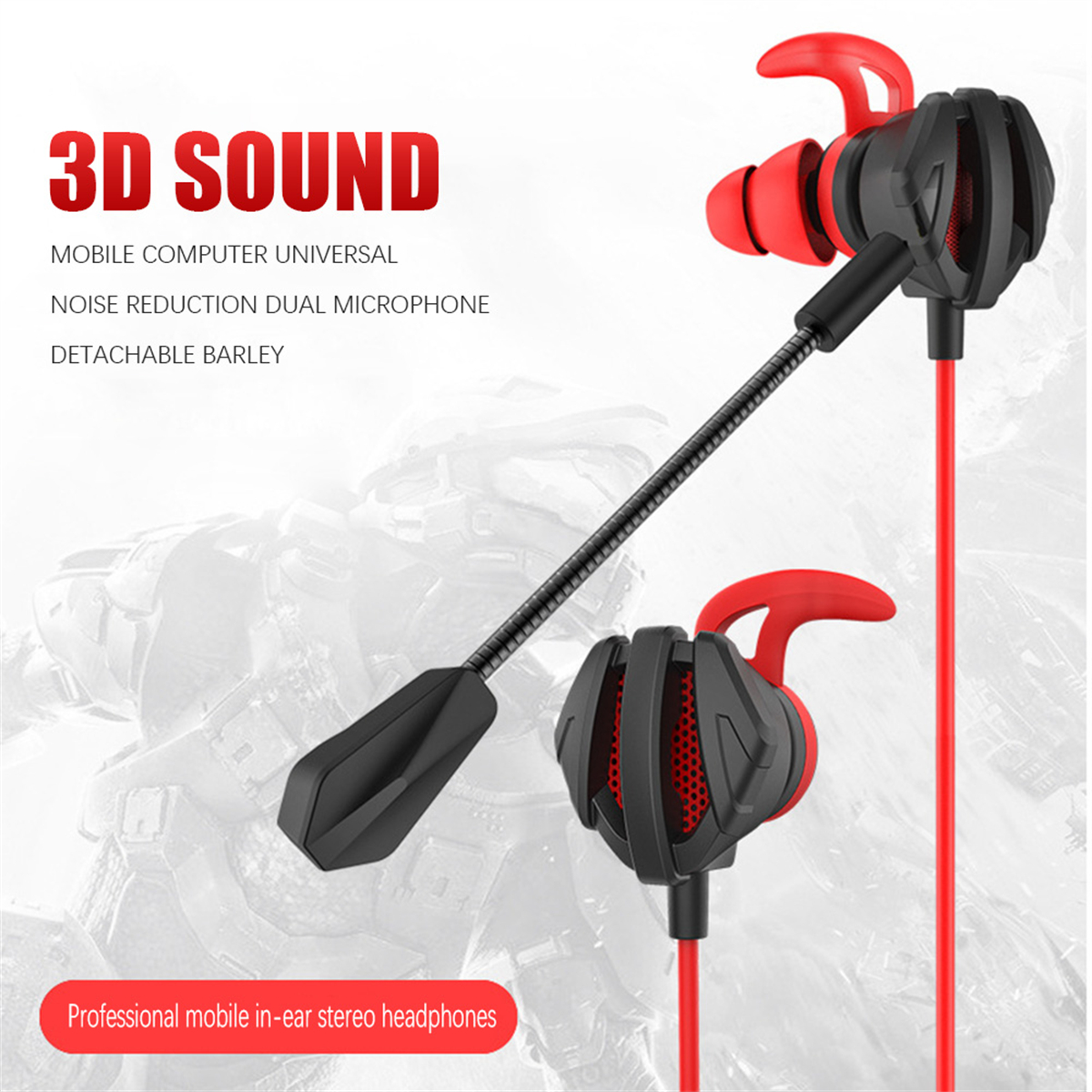 Schwarze und rote Gaming-Kopfhörer mit Mikrofon. Text lautet '3D SOUND' mit weiteren Details.