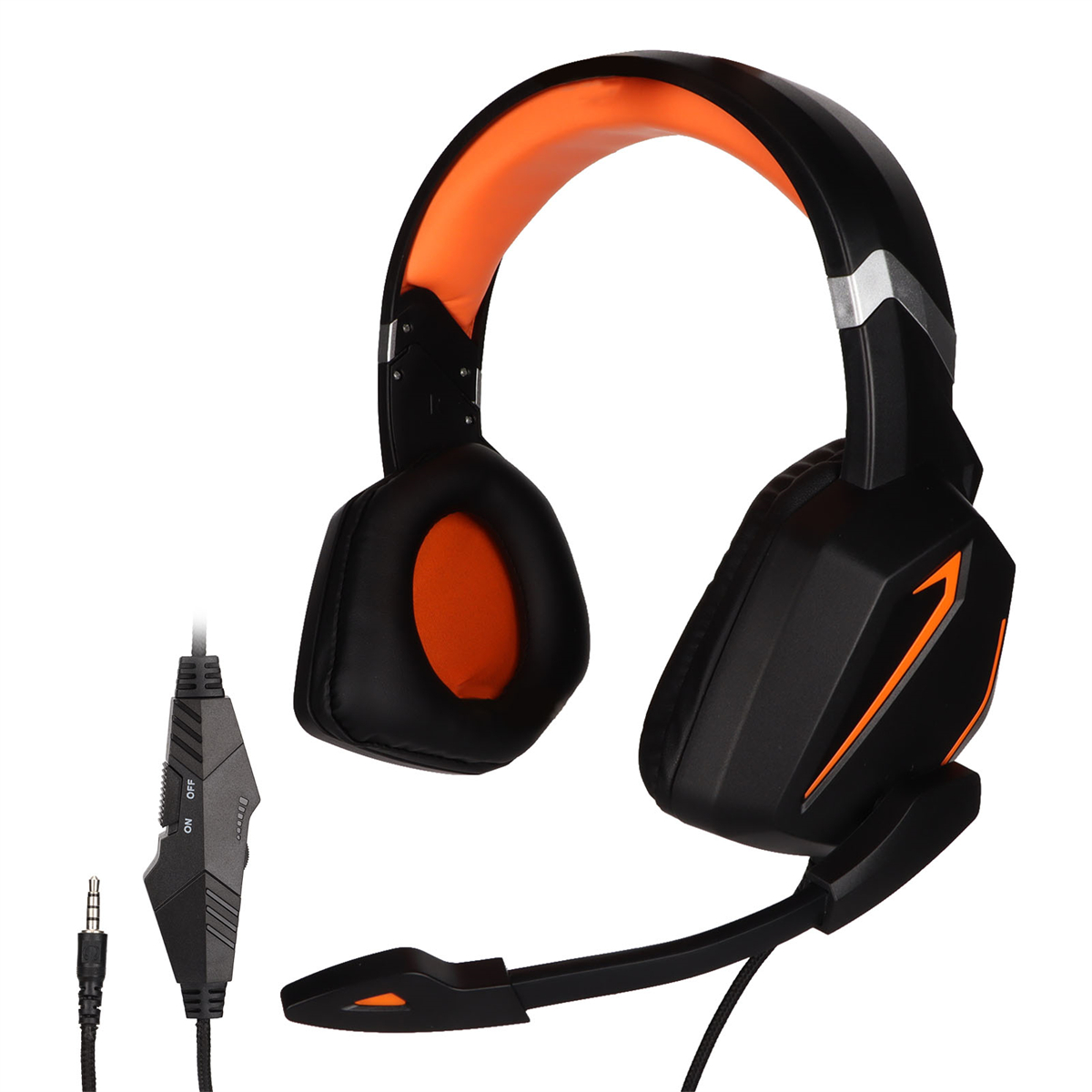 Schwarz-oranges Gaming-Headset mit Mikrofon und Lautstärkeregler.