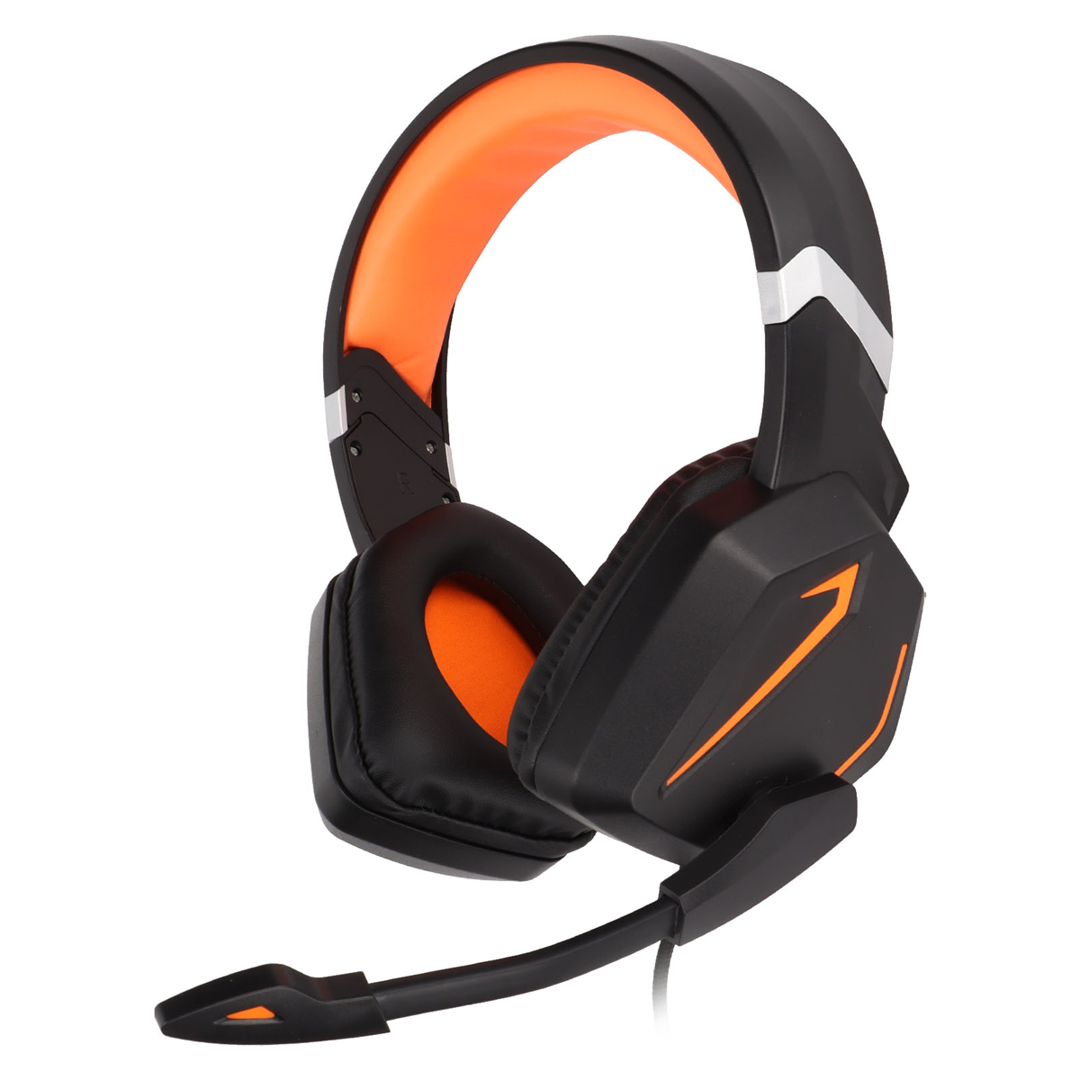 Schwarzes Gaming-Headset mit orangefarbenen Akzenten und Mikrofon, weißer Hintergrund.