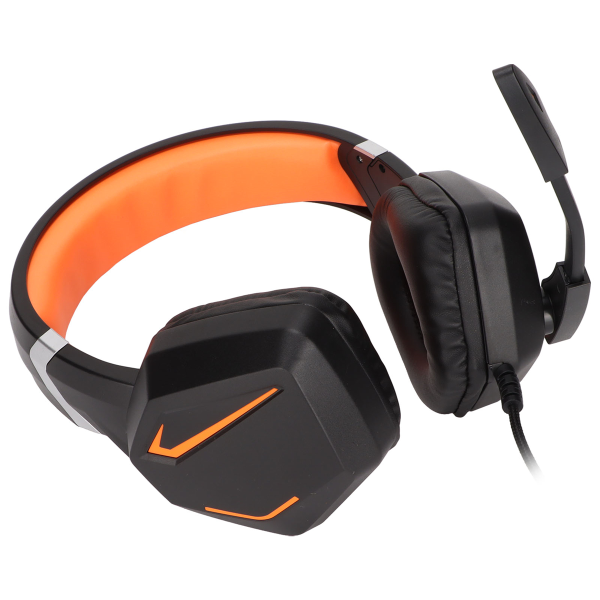 Schwarze Kopfhörer mit orangefarbenem Innenraum und Mikrofon. Die Kopfhörer haben ein eckiges Design.