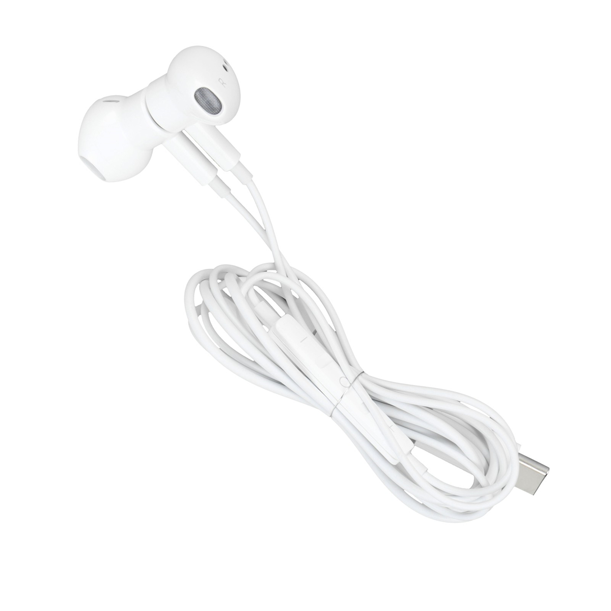 Weiße kabelgebundene Ohrhörer mit Mikrofon und USB-C-Anschluss. Sie liegen auf weißer Oberfläche.