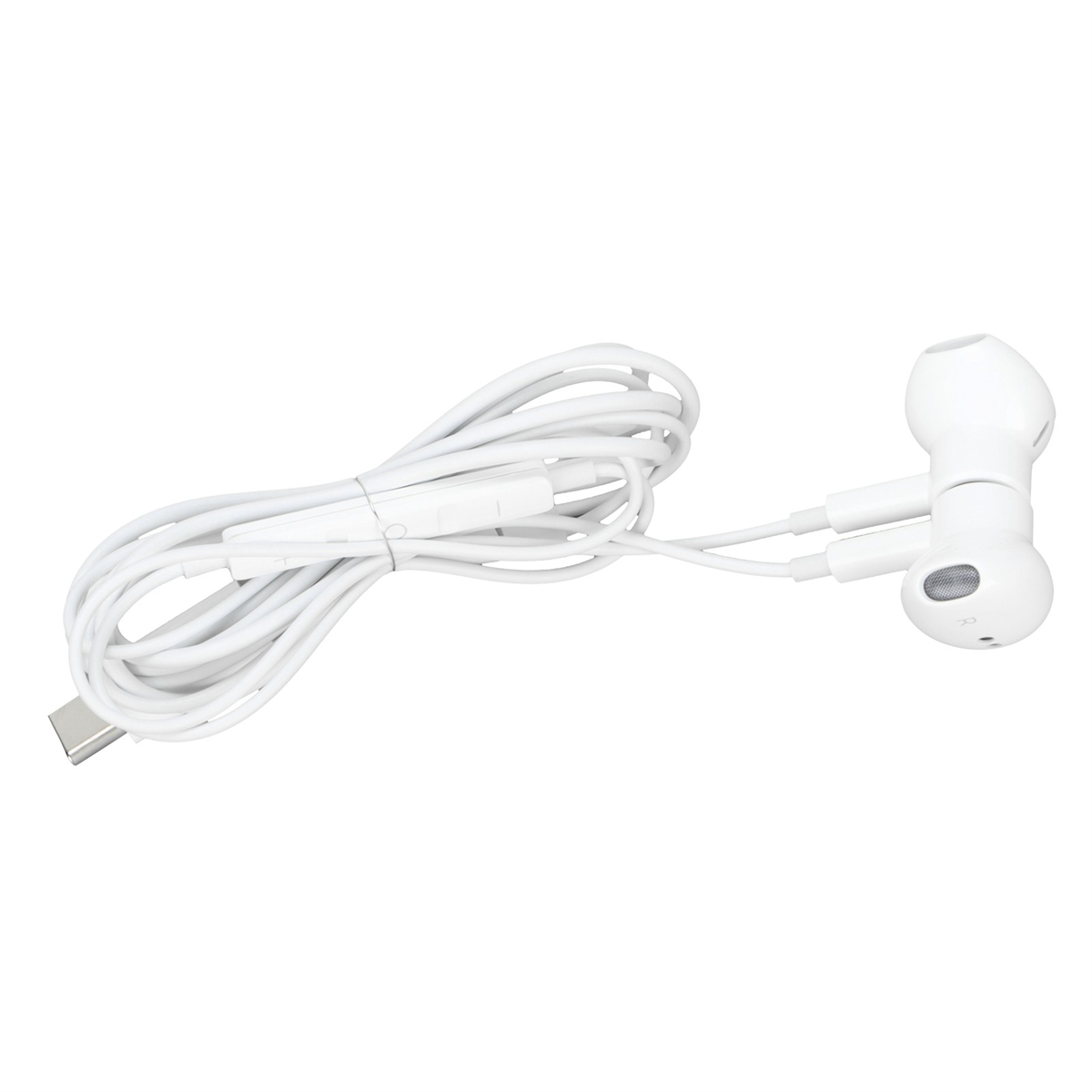 Weiße Kopfhörer mit USB-C-Kabel, isoliert auf weißem Hintergrund.