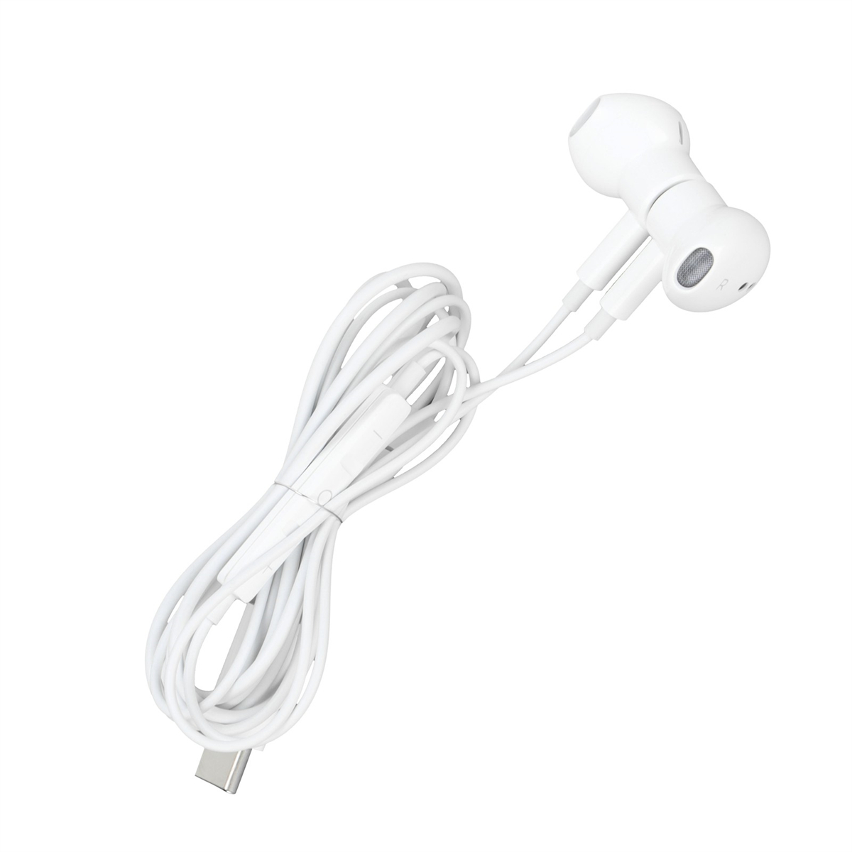 Weiße Ohrhörer mit weißem Kabel und USB-C-Anschluss. Weißer Hintergrund.