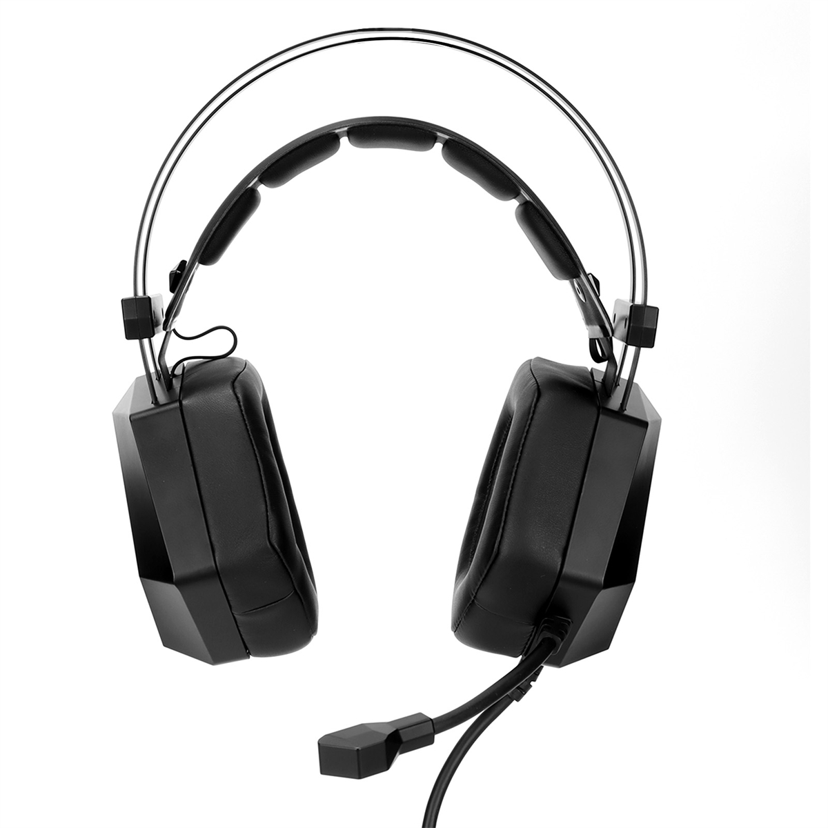 Schwarzes Gaming-Headset mit Mikrofon. Silberne Akzente, große Ohrmuscheln und ein Bügel.