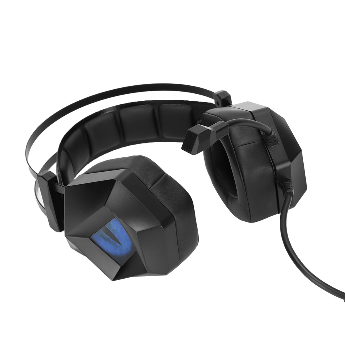 Schwarze Gaming-Kopfhörer mit blauen Lichtakzenten auf weißem Hintergrund.