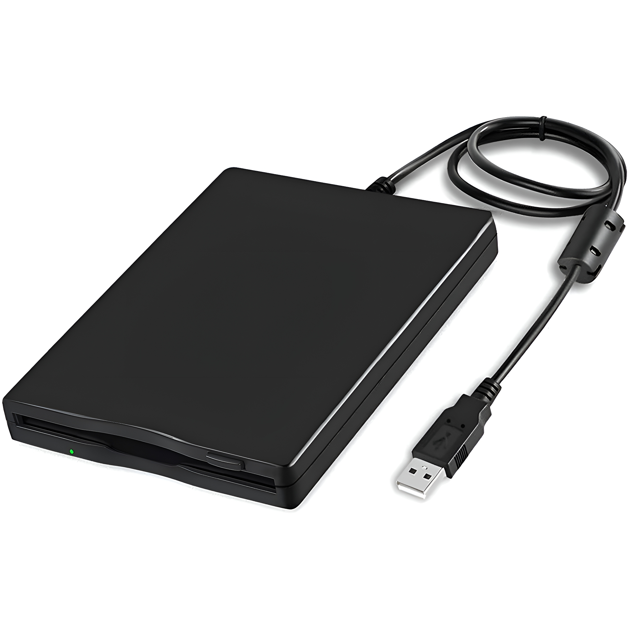 Ein schwarzes externes Diskettenlaufwerk mit USB-Kabel und grüner Kontrollleuchte ist eingeschaltet.
