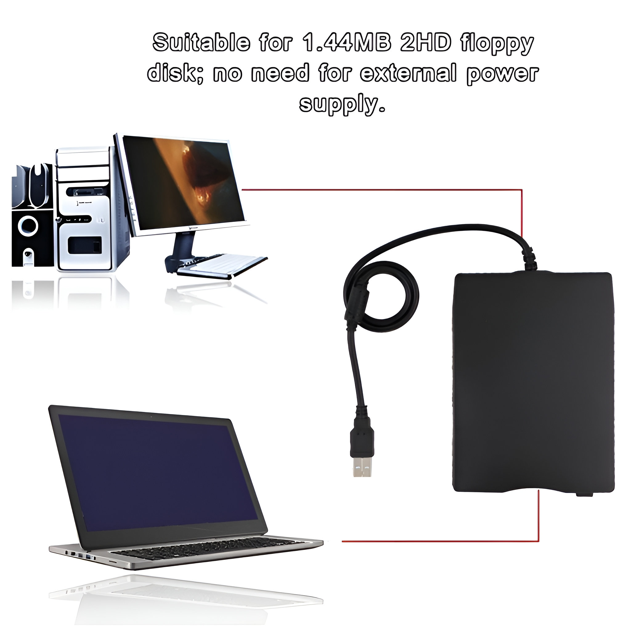 Computer-Setup, einschließlich Monitor, Laptop und externem Laufwerk.