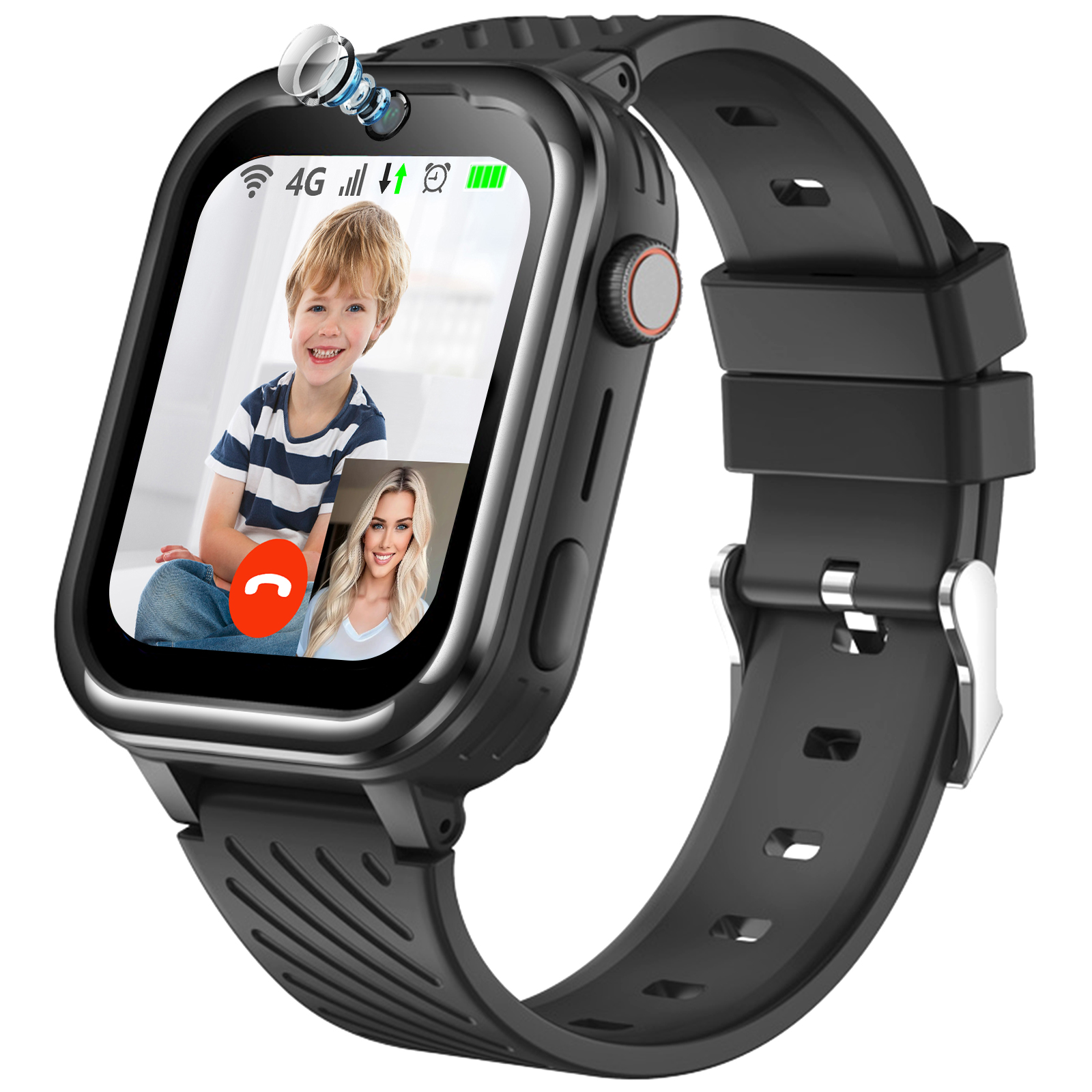 Schwarze Smartwatch zeigt einen Videoanruf mit einem Jungen und einer Frau. Schwarzes Armband und Kamera oben.