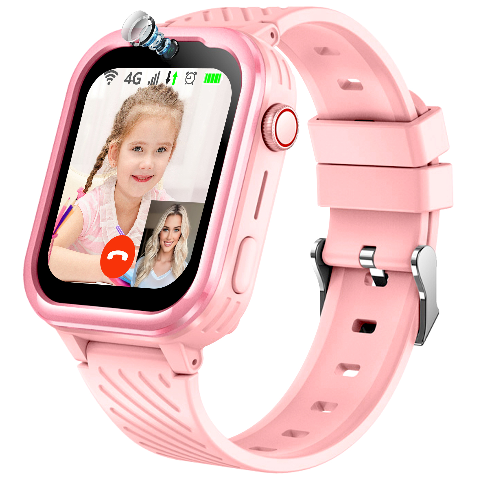 Pinke Smartwatch, die einen Videoanruf mit einem Mädchen und einer Frau zeigt. Die Uhr hat eine Kamera.