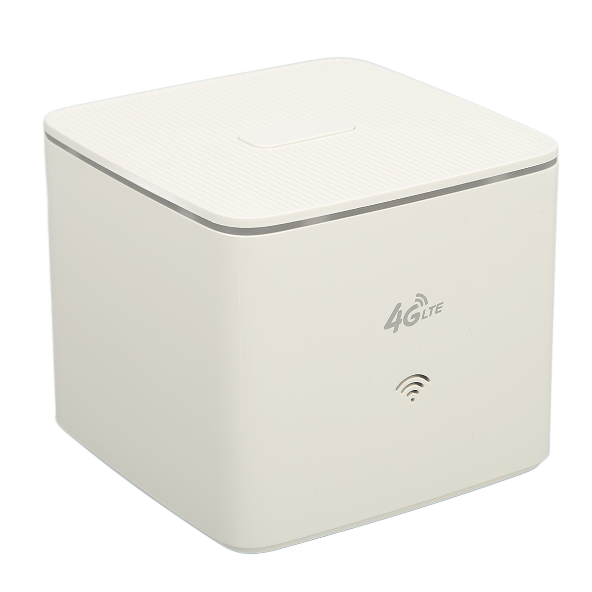 Weißer, würfelförmiger 4G-LTE-Router mit WLAN-Symbol.